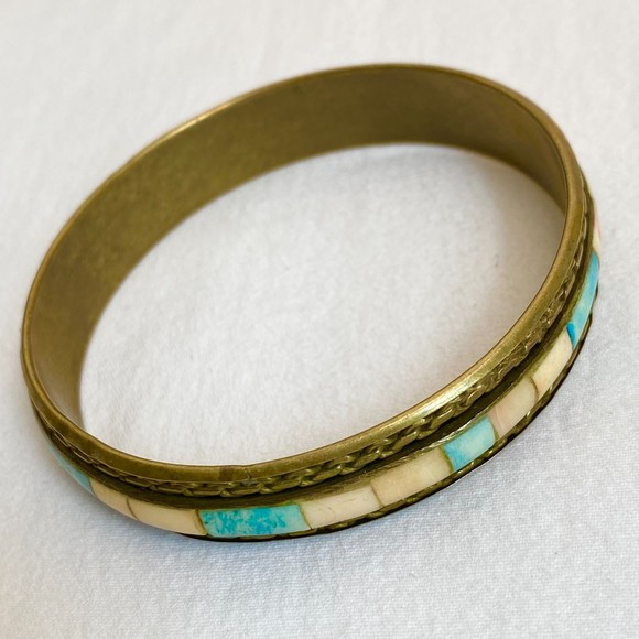 Bangle Bracelet Enamel Multicolor Squares In Brass With Cable Chain Pattern - Picture 1 of 8